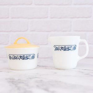 Vintage Pyrex Creamer and Sugar Bowl with lid | Old Town Blue Onion Pattern